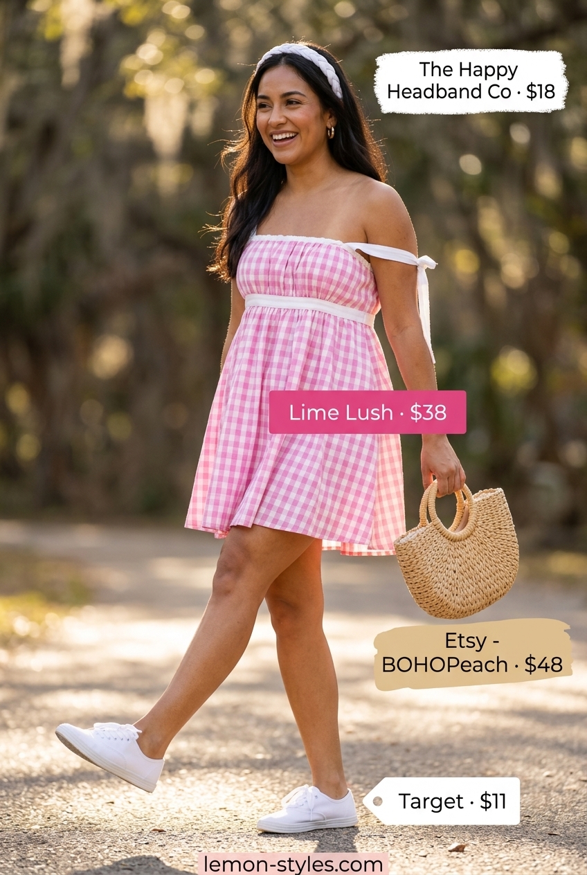 Summer outfits for women with brunette hair 2026: Pink gingham babydoll sundress, sneakers, and straw basket bag for a picnic.