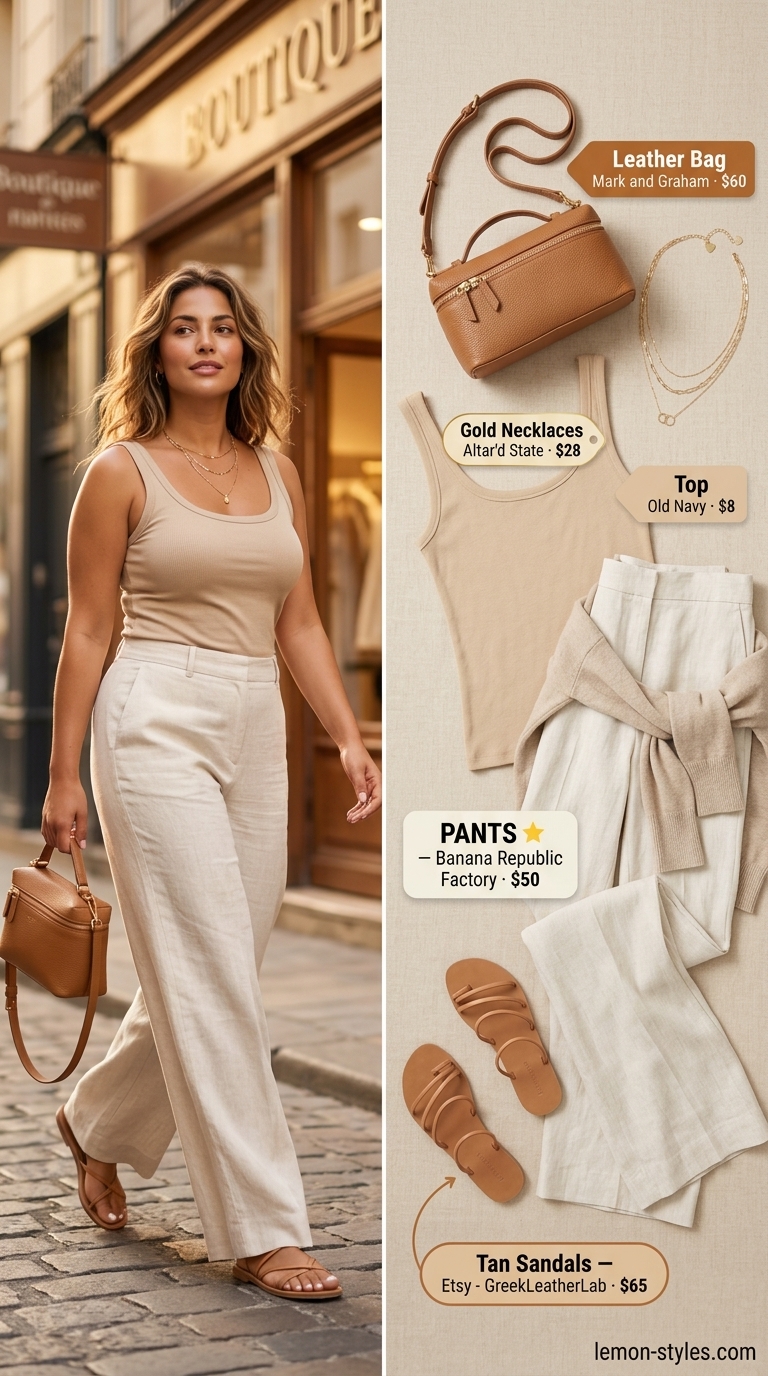 Summer outfits for women with brunette hair 2026: Beige linen pants, cream tank top, gold necklaces, and crossbody bag for lunch.