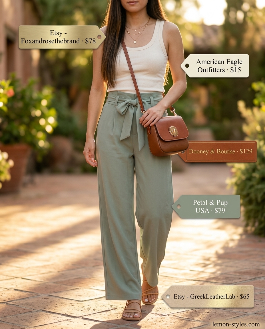 Summer outfits for women with brunette hair 2026: Sage green linen pants, cream tank top, gold necklaces, and crossbody bag for evening.