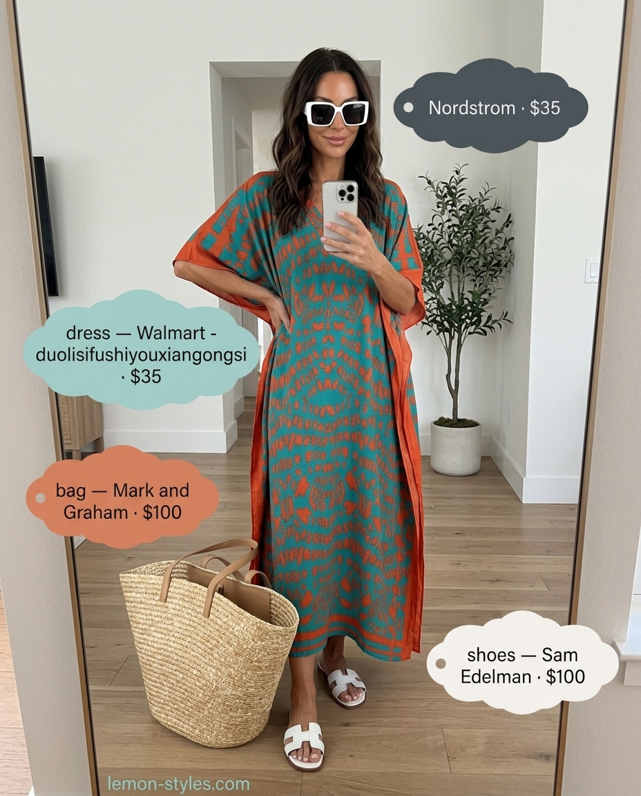 Summer outfits for women with brunette hair 2026: Teal orange abstract maxi caftan, straw tote, and leather slides for beach vacation.