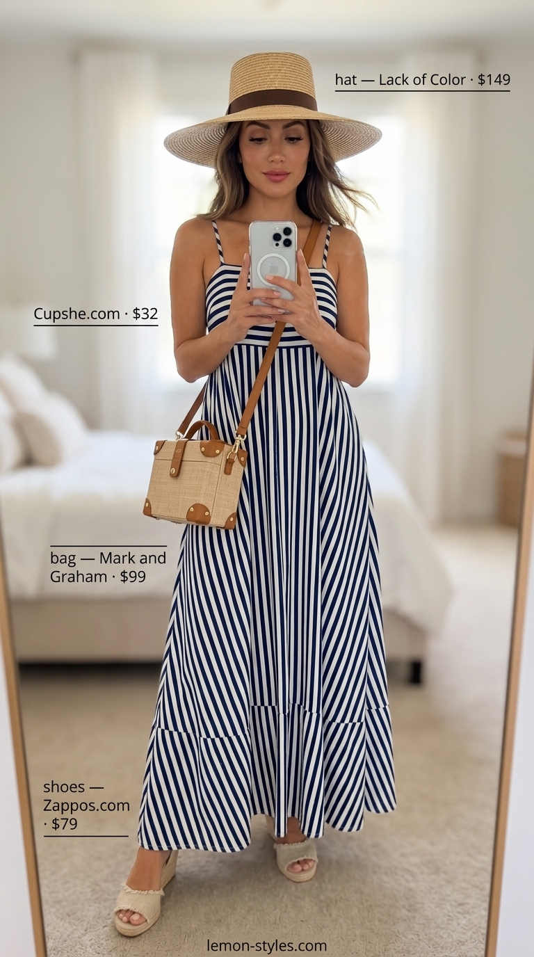 Summer outfits for women with brunette hair 2026: Navy & white maxi dress, straw hat & espadrilles for vacation evenings.