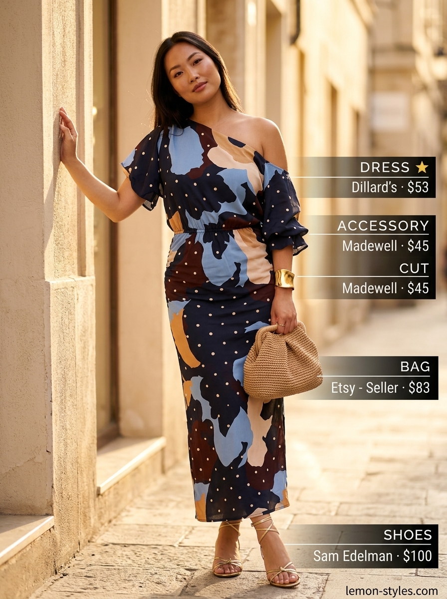 Summer outfits for women with brunette hair 2026: Navy gold fleck maxi dress, gold cuff, and raffia clutch for evening out.