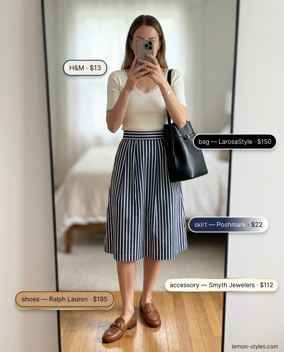 Summer outfits for women with brunette hair 2026: Navy stripe midi skirt, white knit top, loafers & tote for smart casual.