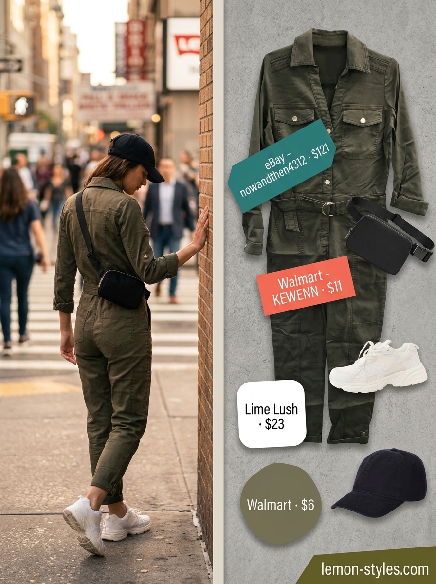 Summer outfits for women with brunette hair 2026: Olive green utility jumpsuit, white sneakers, black cap & belt bag for city exploration.