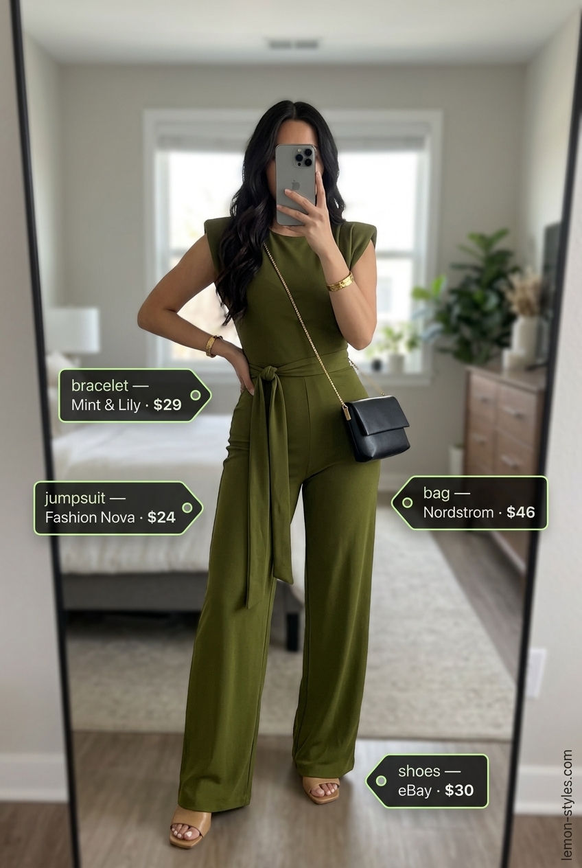 Summer outfits for women with brunette hair 2026: Olive green wide-leg jumpsuit, block heels, gold cuff for date night.