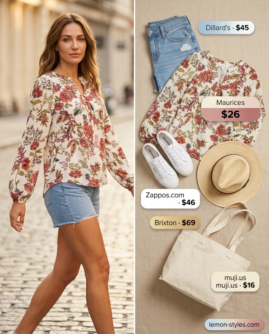 Summer outfits for women with brunette hair 2026: Pink floral peasant blouse, denim shorts, straw hat, and sneakers for weekend errands.