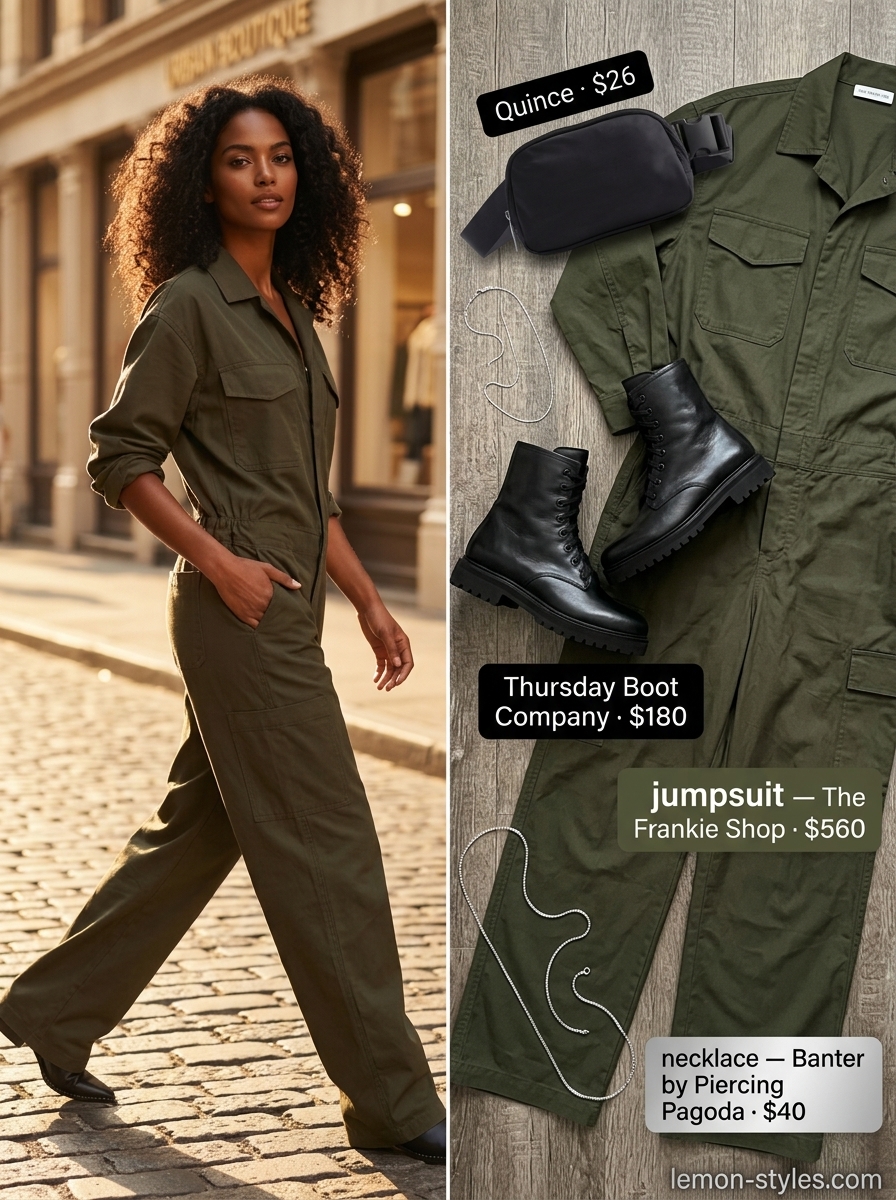 Edgy olive green utility jumpsuit, black combat boots, and belt bag for summer outfits for women with brunette hair 2026.