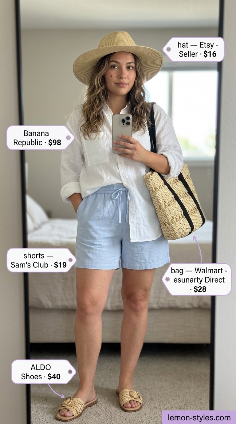 Beachy sky blue linen shorts set with white shirt, straw hat and tote for summer outfits for women with brunette hair 2026.