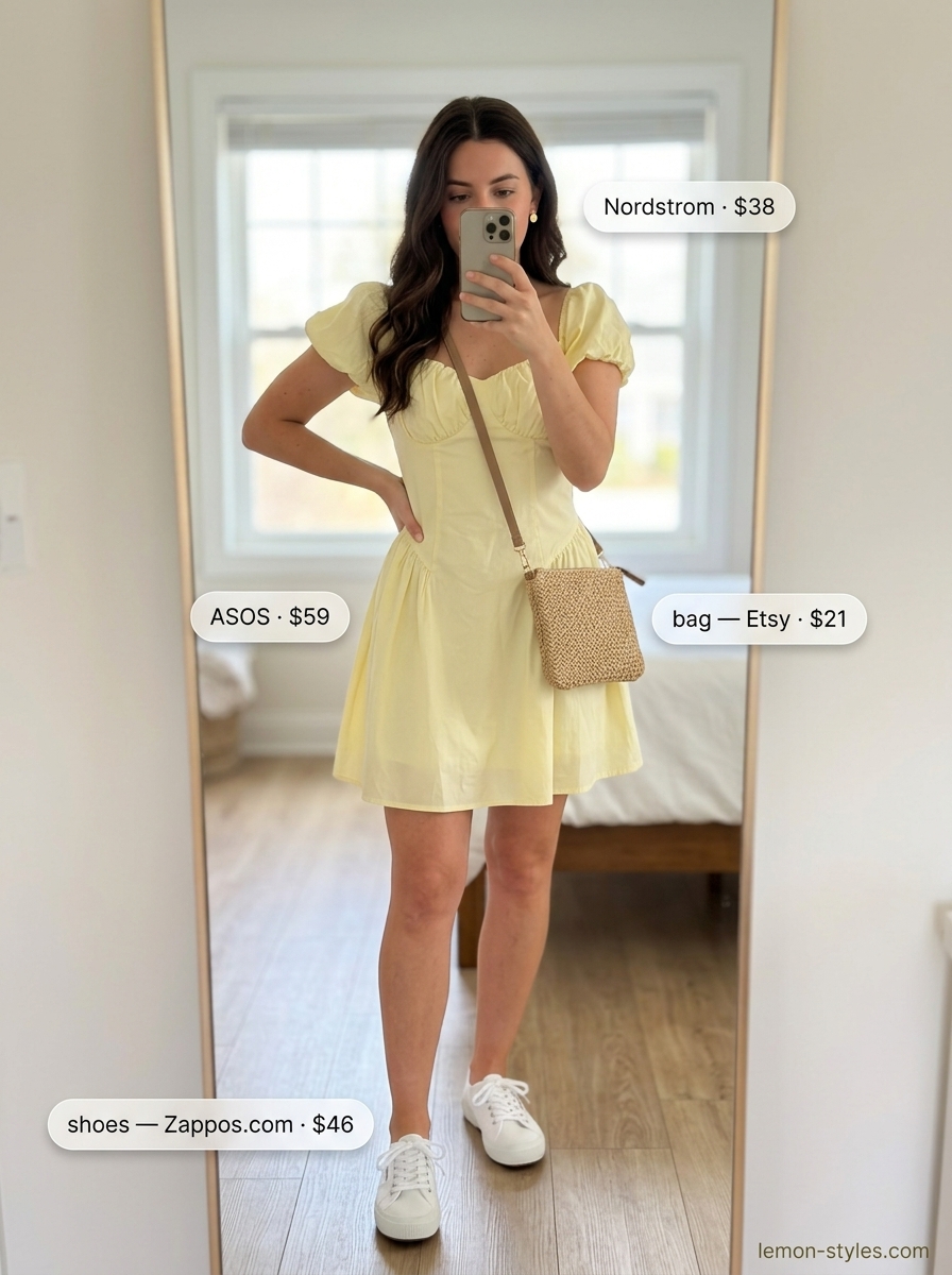 Playful lemon yellow mini sundress, white sneakers, and straw crossbody for summer outfits for women with brunette hair 2026.
