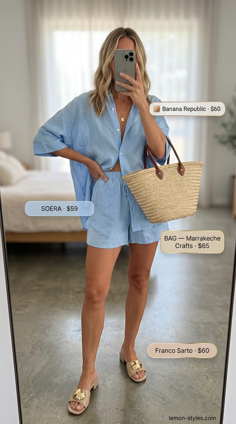 Soft blue linen shorts set for hourglass figures. Polished casual summer lunch outfit 2026.