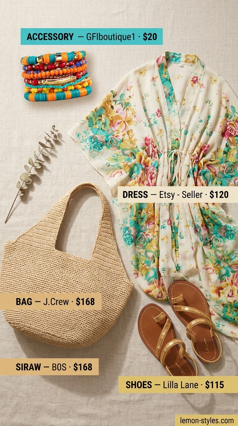 Hourglass shape summer outfit: Multi-color caftan dress, embellished sandals for beach vacation.
