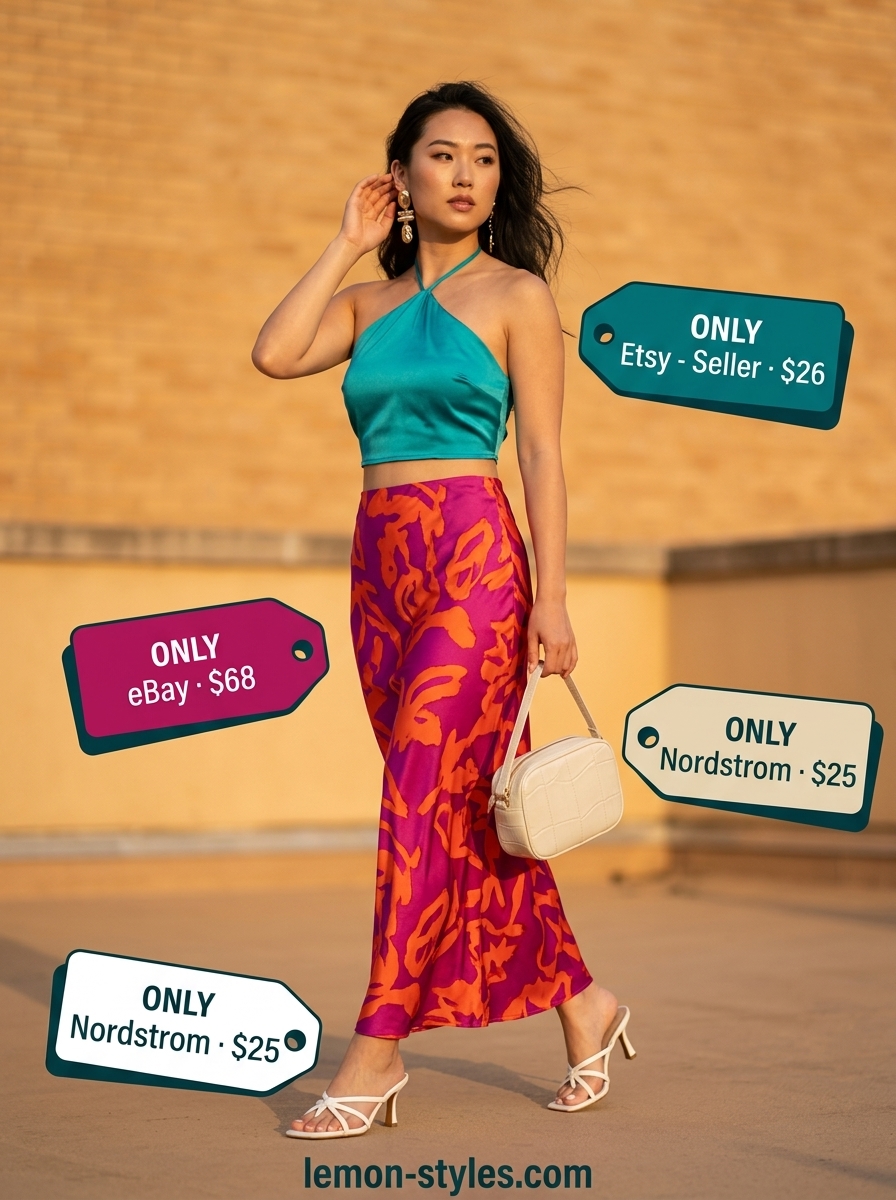Bold teal, magenta, orange, white co-ord set for hourglass figures. Summer party outfit 2026.