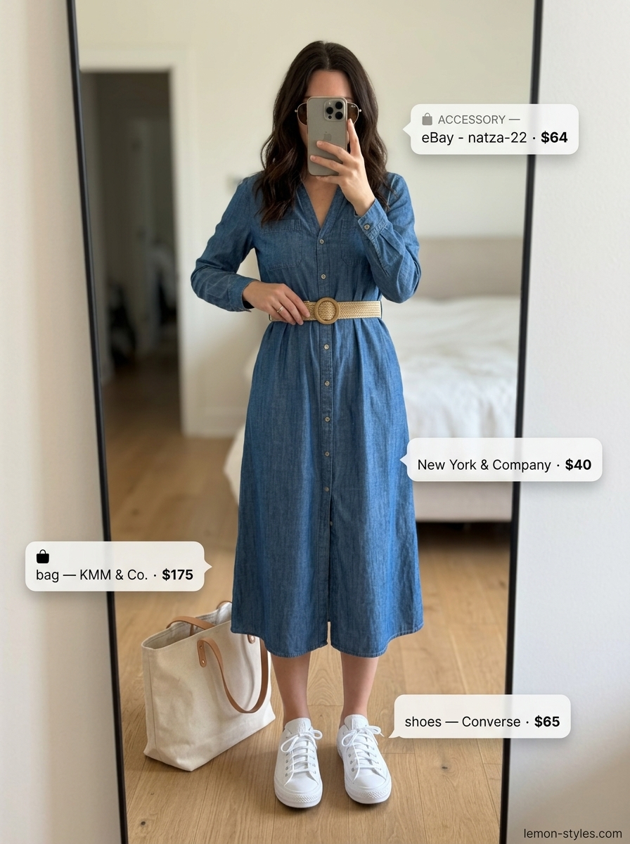 Light blue chambray shirt dress for hourglass figures. Casual weekend summer outfit 2026.