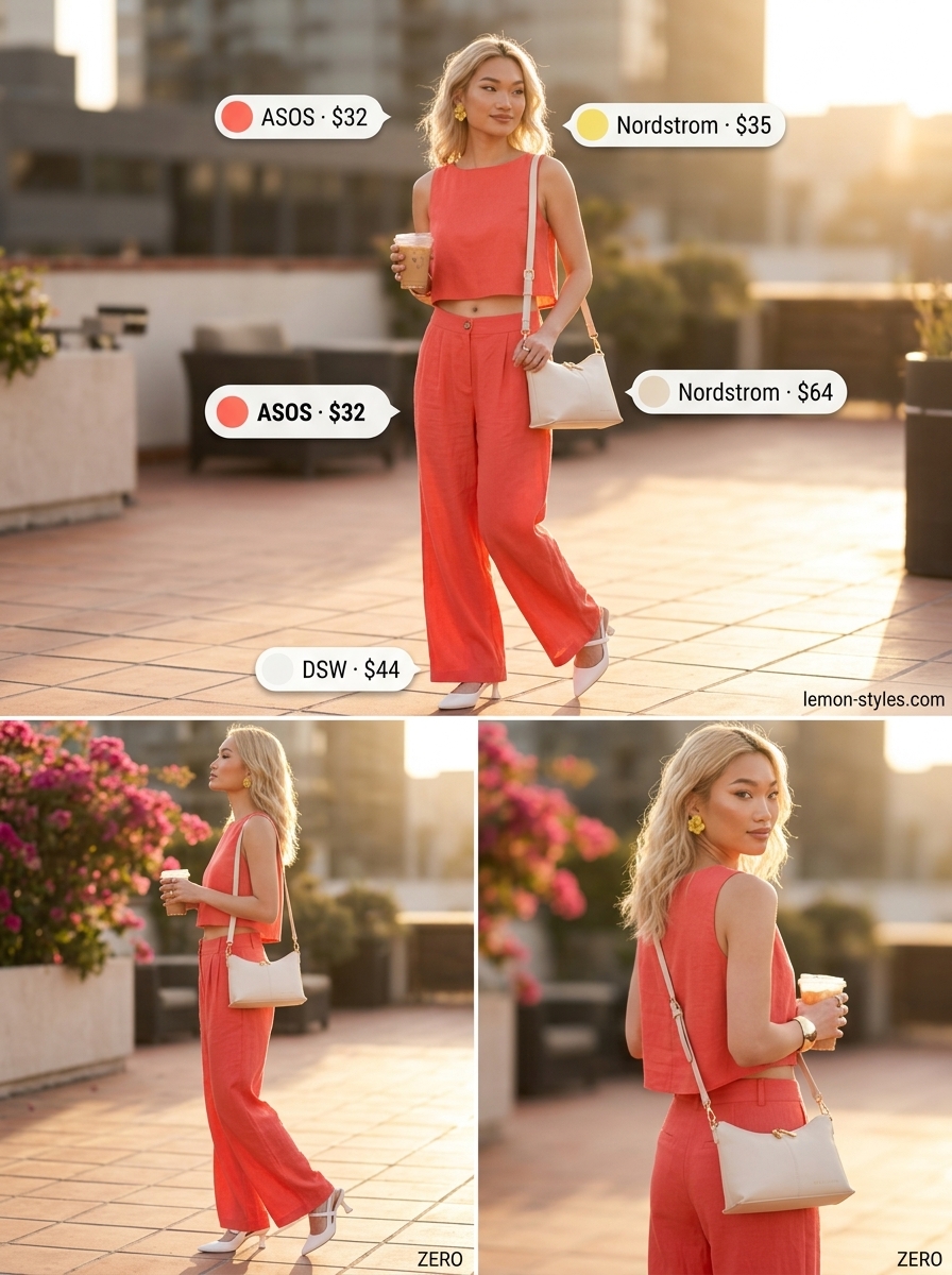 Vibrant coral linen co-ord set for hourglass figures. Chic summer party outfit 2026.
