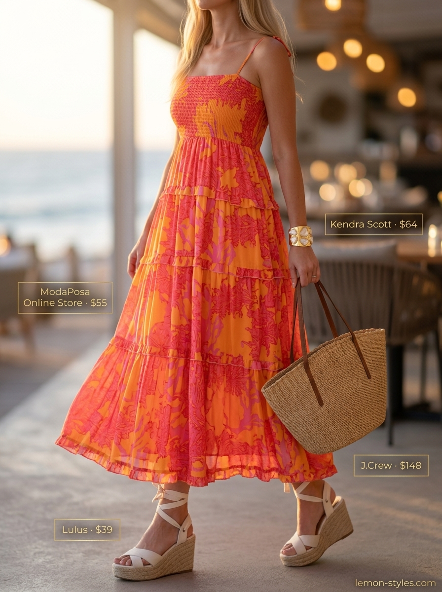 Bright coral maxi dress for hourglass figures. Glamorous beachside dinner outfit 2026.