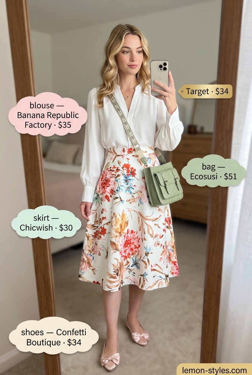 Hourglass shape summer outfit: Pastel floral midi skirt, white blouse for garden party.