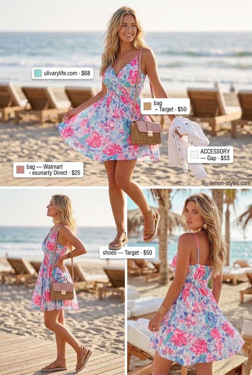 Hourglass shape summer outfit: Pastel blue floral mini dress, denim jacket for casual day.