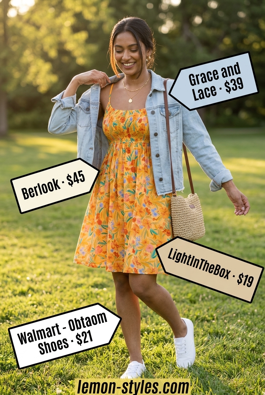 Hourglass shape summer outfit: Floral mini dress, denim jacket, white sneakers for summer day.