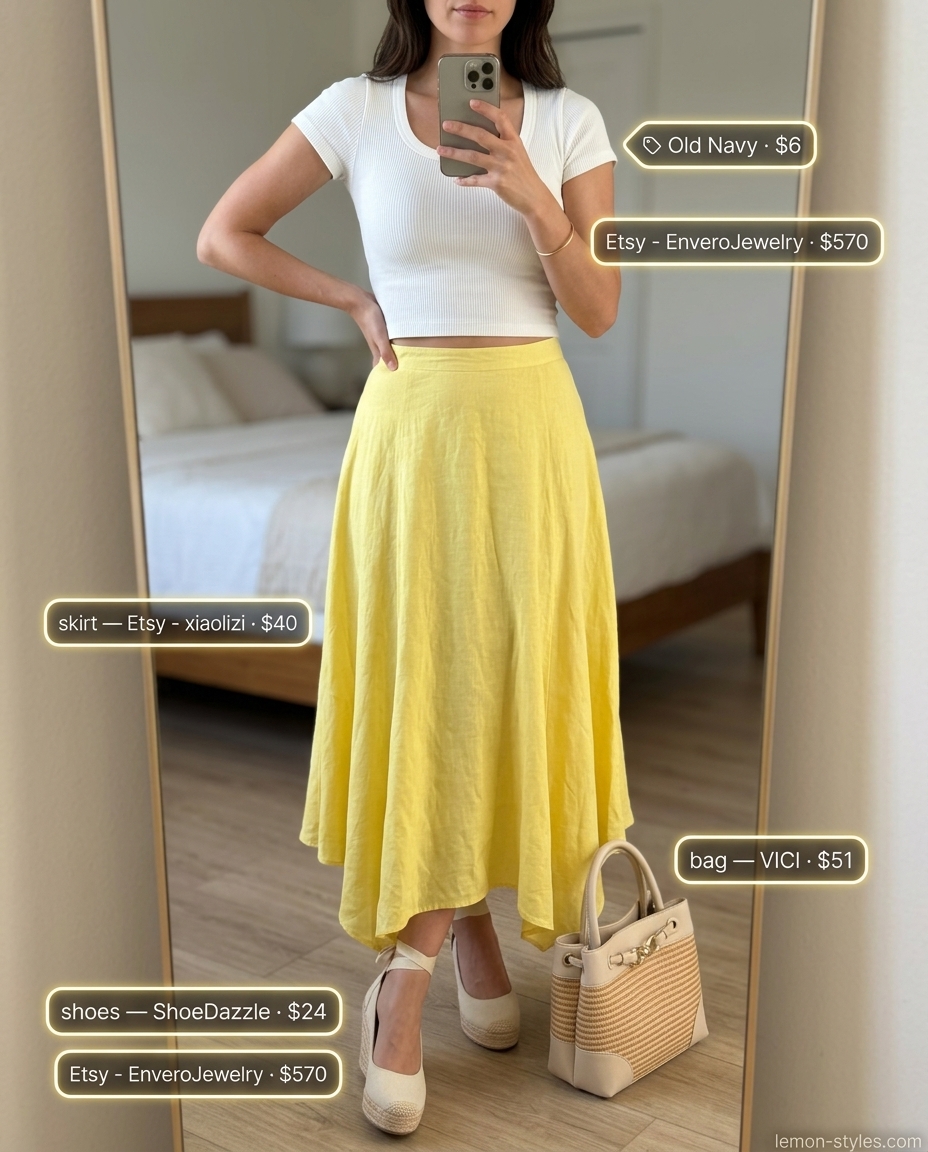Lemon yellow midi skirt outfit for hourglass figures. Playful summer festival look 2026.