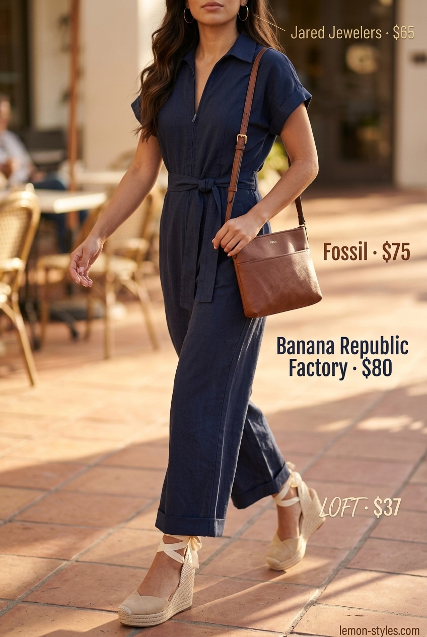 Hourglass shape summer outfit: Navy linen romper, tan crossbody bag for weekend getaway.