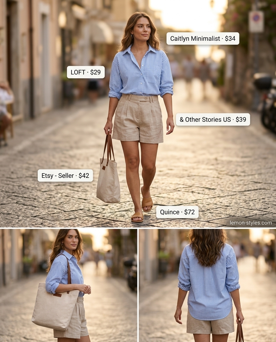 Relaxed linen shorts & oversized shirt for hourglass figures. Effortless casual summer style 2026.