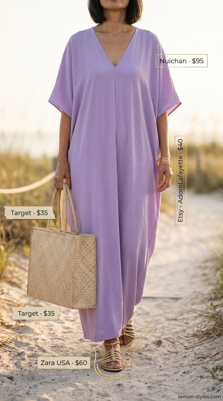 Hourglass shape summer outfit: Lavender caftan dress, gold sandals for resort wear.