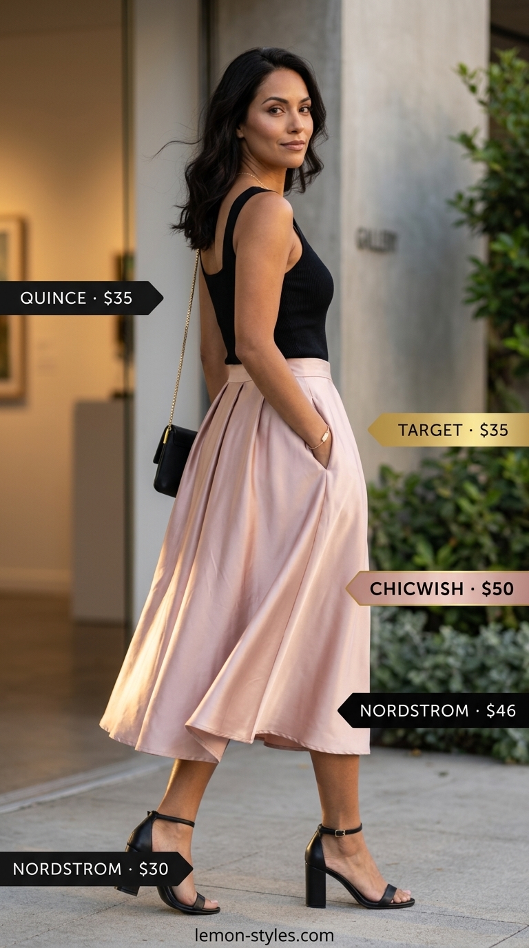 Hourglass shape summer outfit: Coral pink midi skirt, black crop top for casual chic.