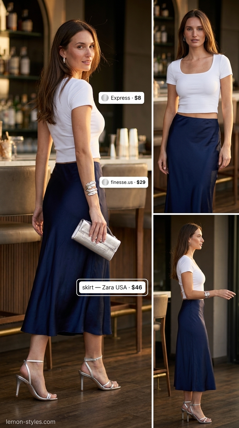 Hourglass shape summer outfit: Navy satin midi skirt, white crop top, silver heels for evening.