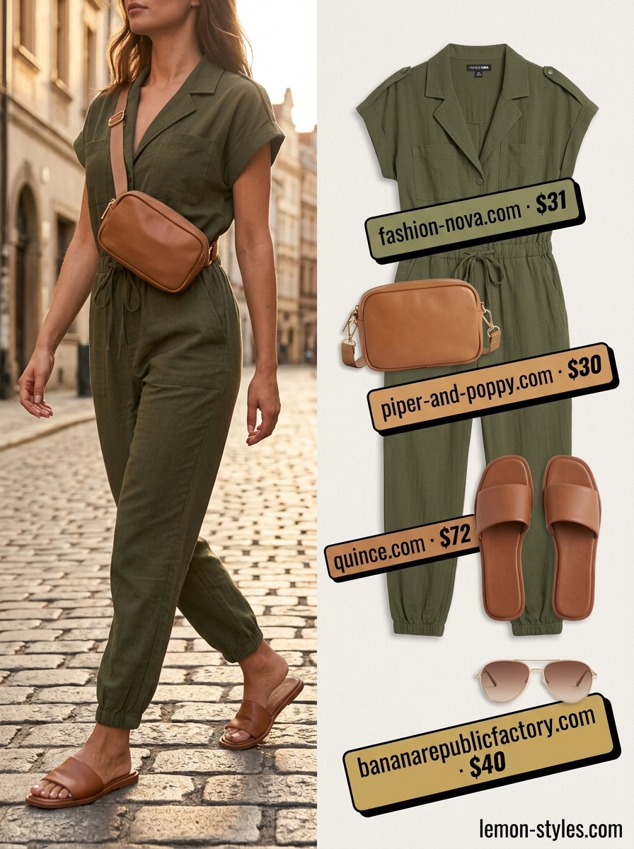 Olive green utility jumpsuit for hourglass figures. Stylish casual summer adventure outfit 2026.