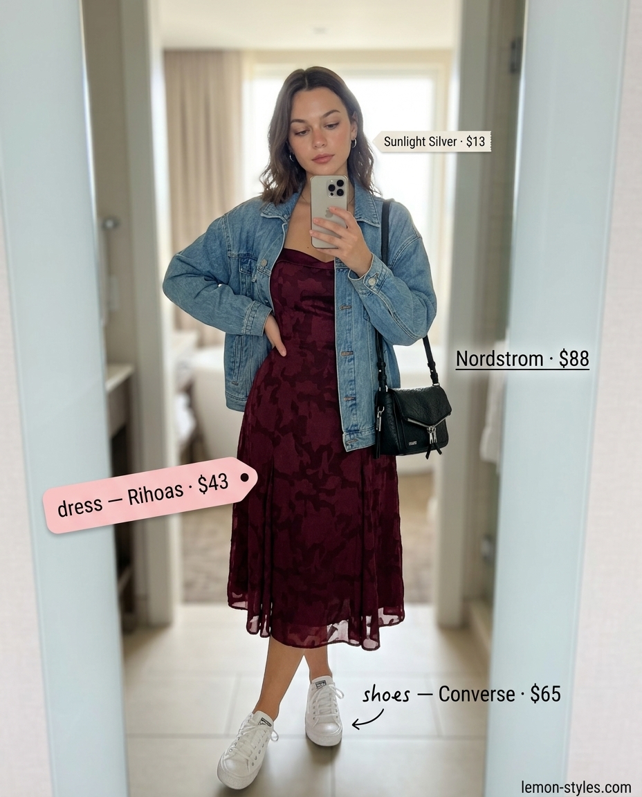 Burgundy satin slip dress & denim jacket for hourglass figures. Edgy casual evening outfit 2026.