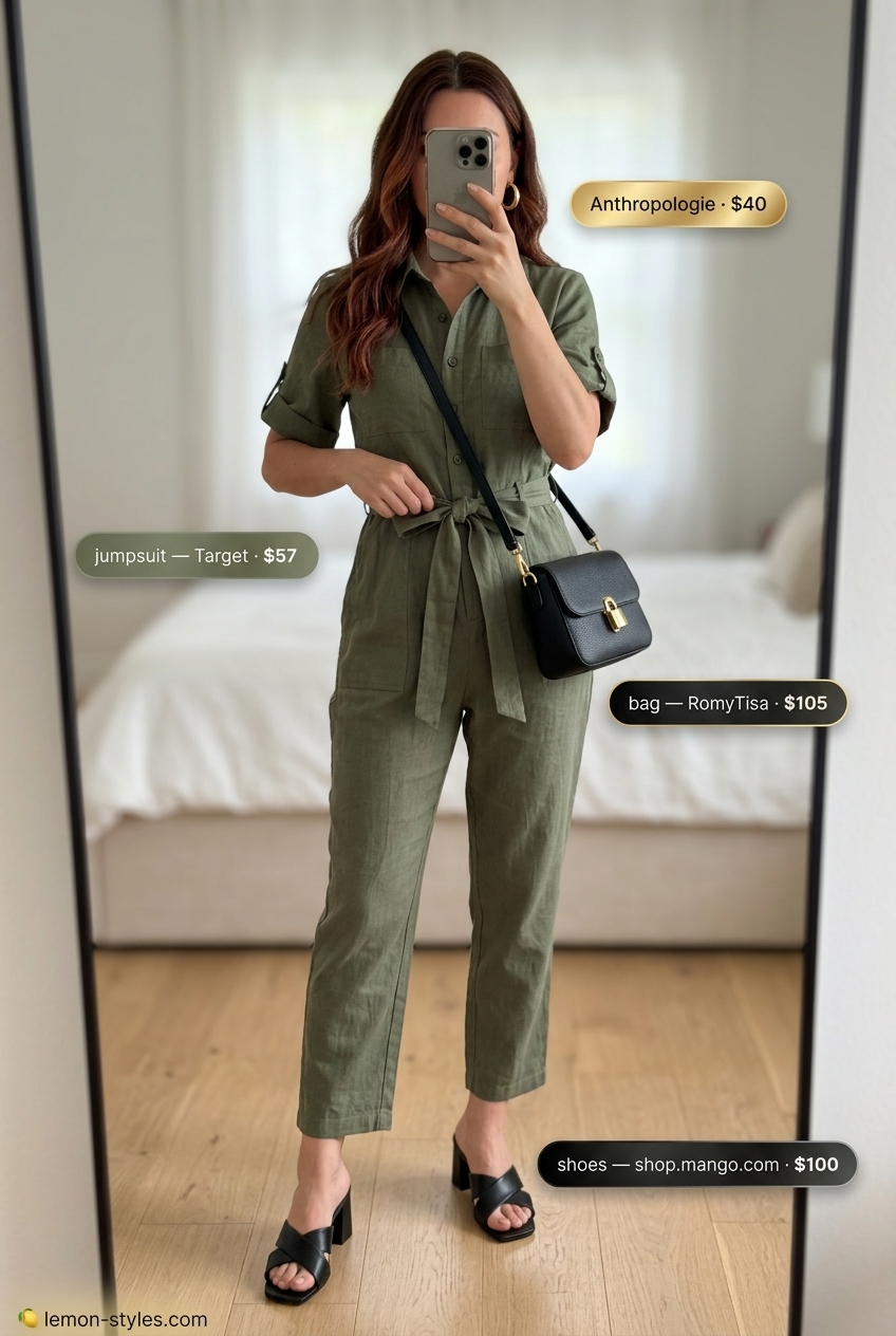 Olive green utility jumpsuit for hourglass figures. Chic casual summer day outfit 2026.