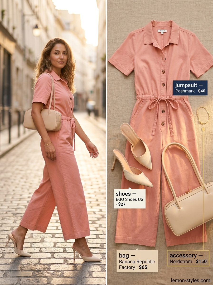 Hourglass shape summer outfit: Blush pink jumpsuit, heeled mules for casual work day.