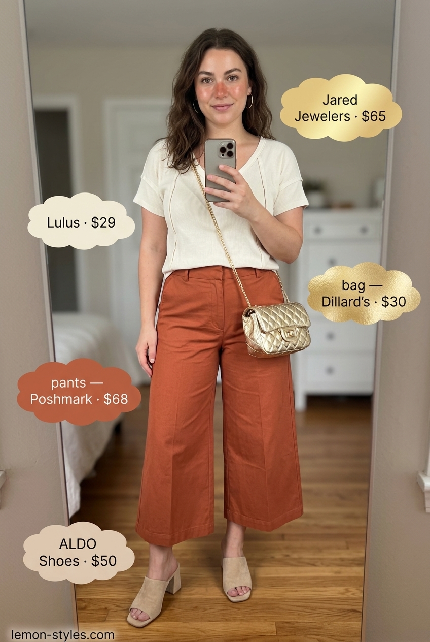 Summer outfits for women with Pear Shape 2026: Terracotta culottes with cream knit top, perfect for casual chic daytime events.