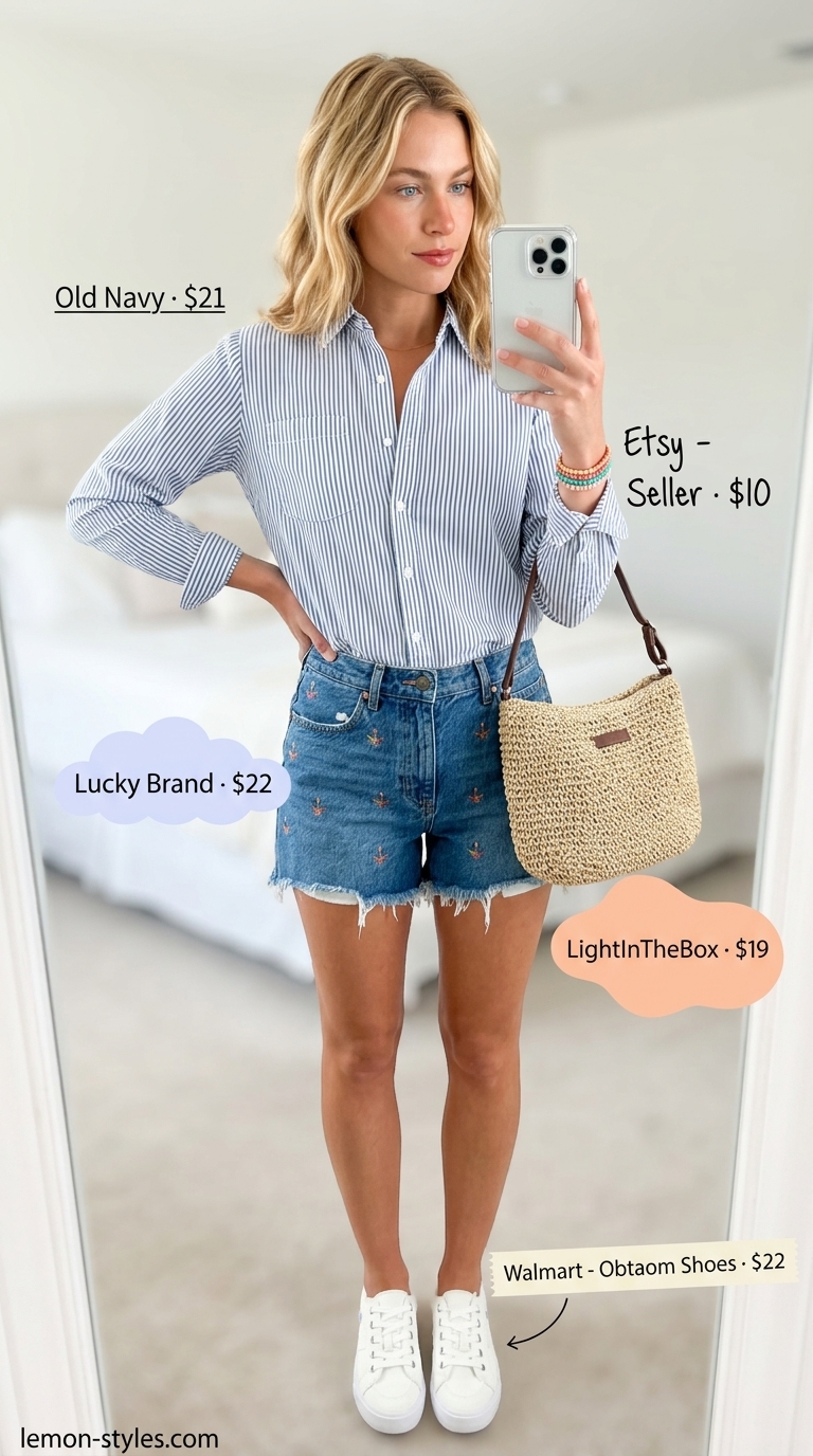 Summer outfits for women with Pear Shape 2026: Embroidered denim shorts with white peasant blouse, great for casual daytime and shopping.