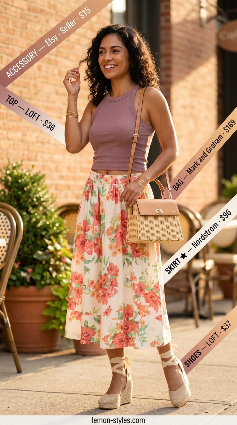 Summer outfits for women with Pear Shape 2026: Floral A-line midi skirt with coral tank top, great for brunch and summer gatherings.
