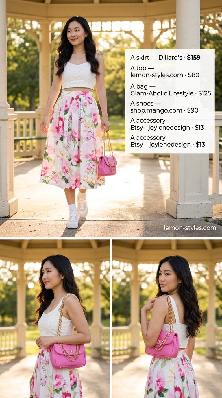Summer outfits for women with Pear Shape 2026: Floral A-line midi skirt with white crop top, great for picnics and casual dates.