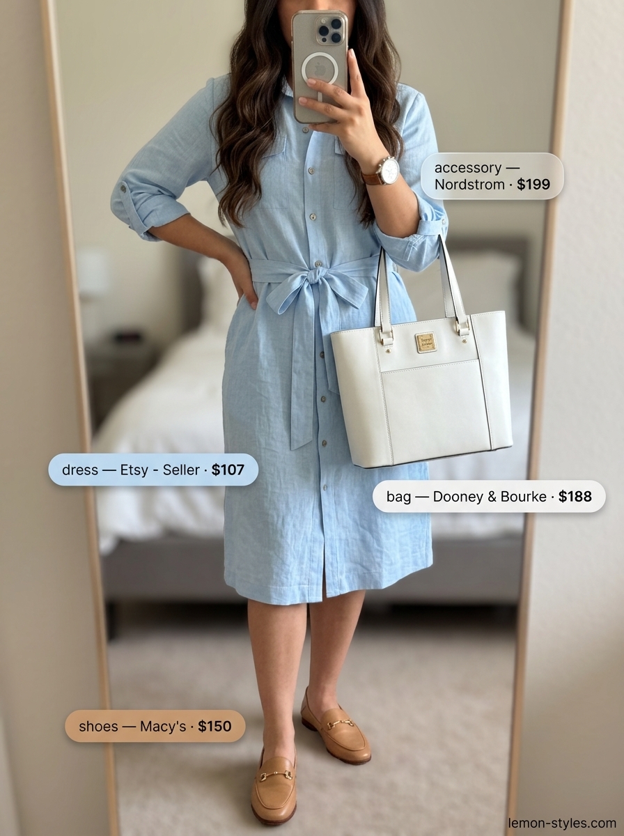 Summer outfits for women with Pear Shape 2026: Light blue linen shirtdress with tan belt and loafers, perfect for office casual.