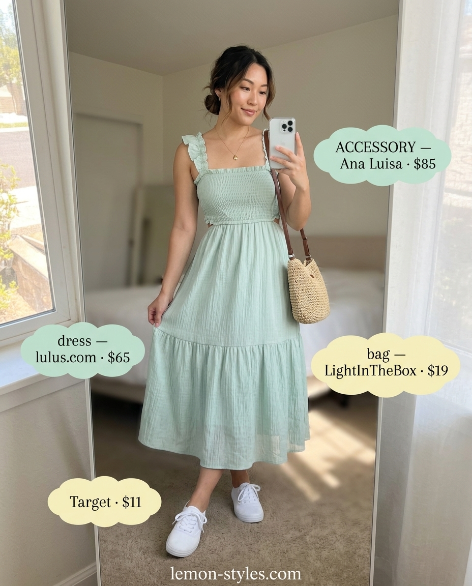 Summer outfits for women with Pear Shape 2026: Mint green tiered sundress, ideal for casual daytime, picnics, and beach town strolls.