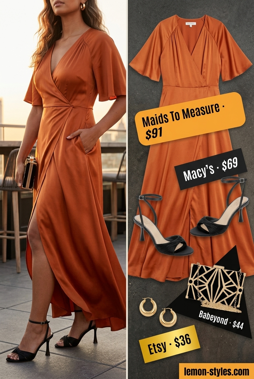 Summer outfits for women with Pear Shape 2026: Mango orange satin midi wrap dress, ideal for summer evenings and date nights.