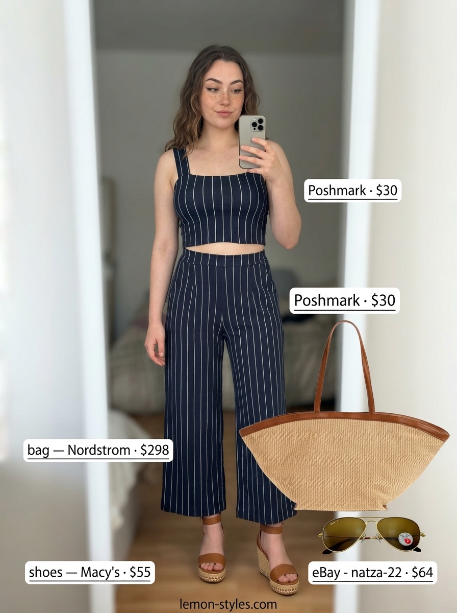 Summer outfits for women with Pear Shape 2026: Navy & white striped knit set, perfect for casual chic daytime events and vacations.