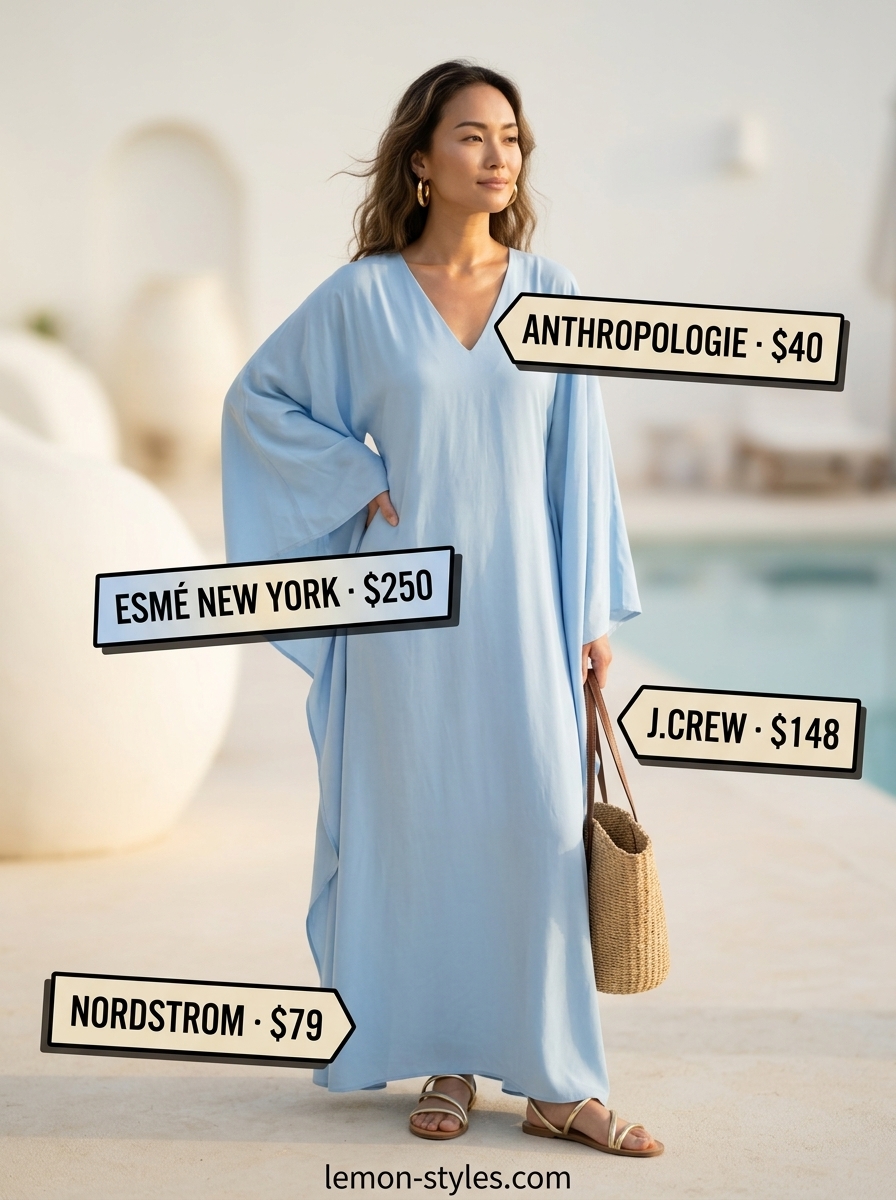 Summer outfits for women with Pear Shape 2026: Sky blue caftan dress, gold sandals, straw tote for resort wear.