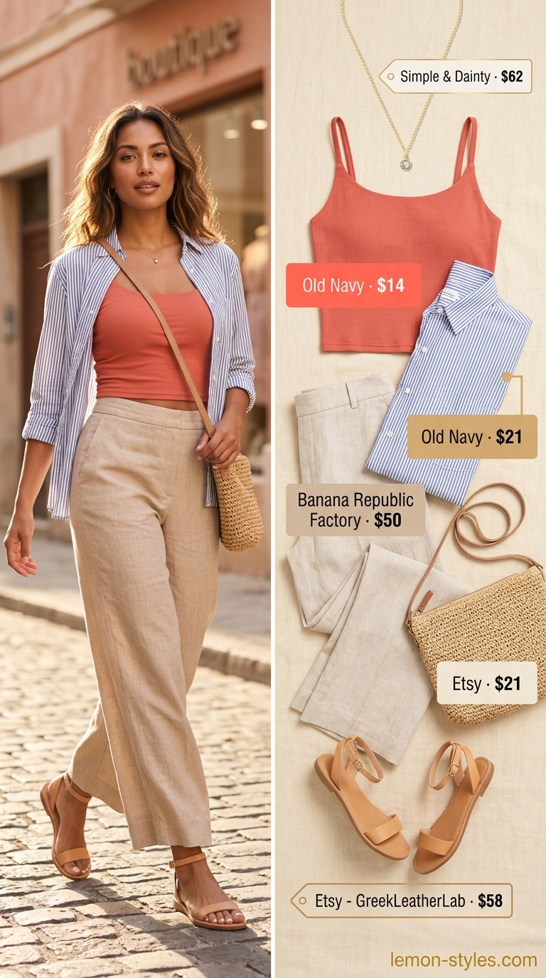 Coral crop top and linen pants for pear shape women, ideal for beach vacations and summer brunches in 2026.