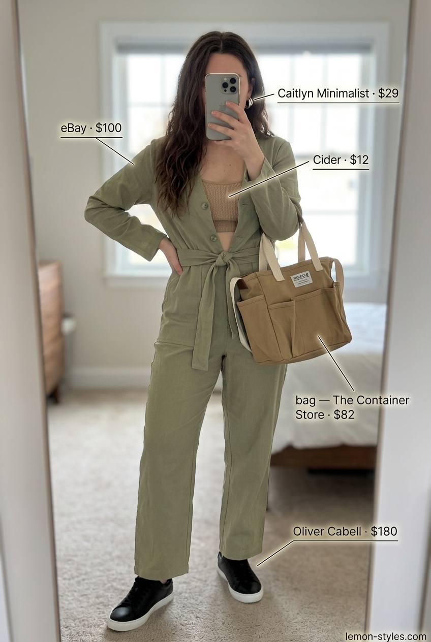 Summer outfits for women with Pear Shape 2026: Olive green utility jumpsuit, black sneakers, khaki tote for casual days.