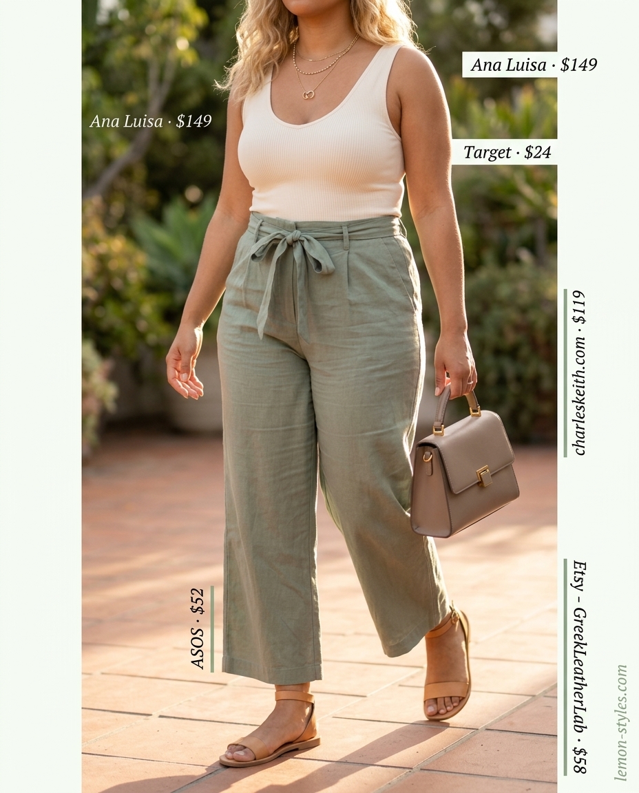Summer outfits for women with Pear Shape 2026: Sage green linen pants, cream tank, tan sandals for chic evenings.