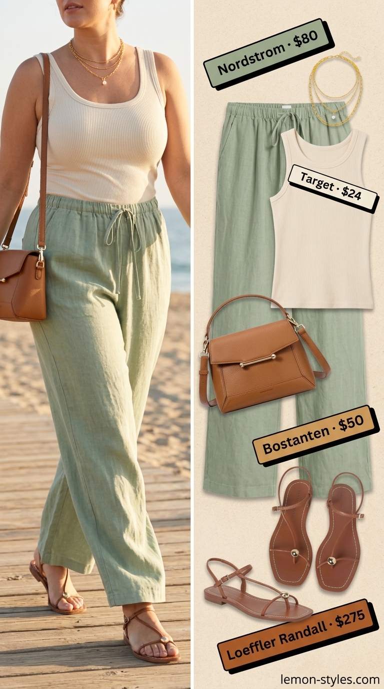 Sage green linen pants and cream tank top for pear shape women, perfect for casual days and errands in 2026.
