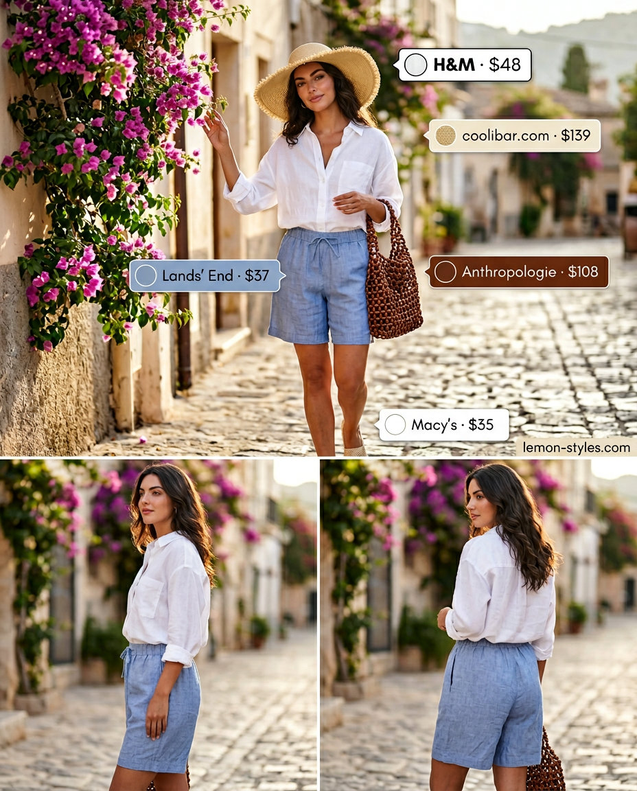 Soft blue linen shorts and white linen shirt for pear shape women, perfect for casual resort wear in 2026.
