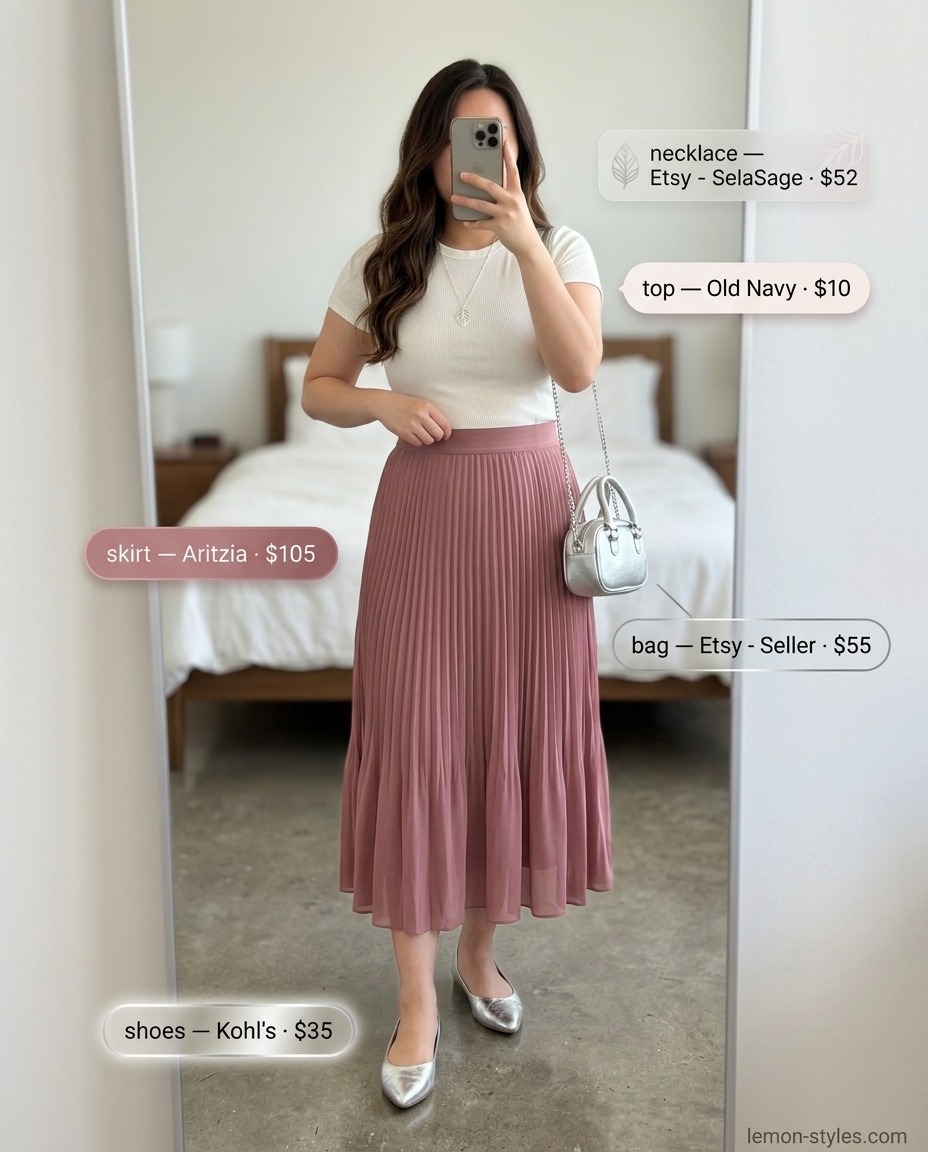 Summer outfits for women with Pear Shape 2026: Blush pink satin midi skirt, white tee, silver flats for a date.