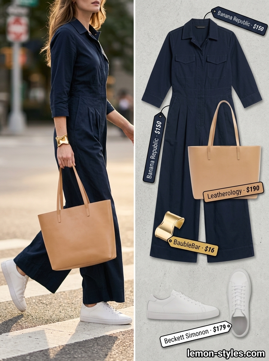 Navy utility jumpsuit for pear shape women, perfect for smart casual events and travel in 2026.