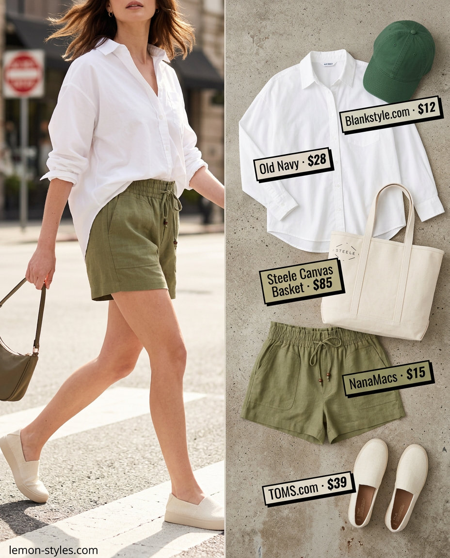 Olive green shorts and white shirt for pear shape women, ideal for casual weekend adventures in 2026.