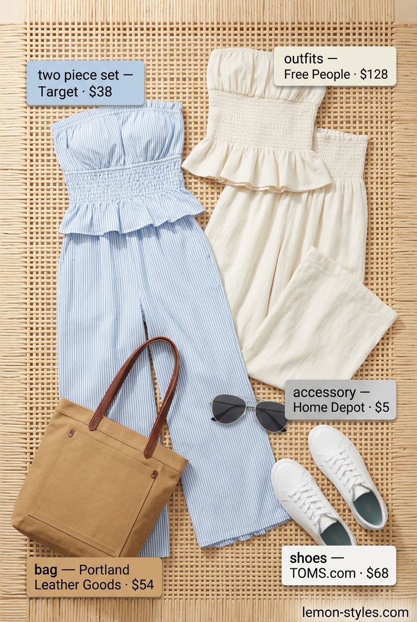 Light blue and white stripe matching set for pear shape women, ideal for casual outings and travel in 2026.